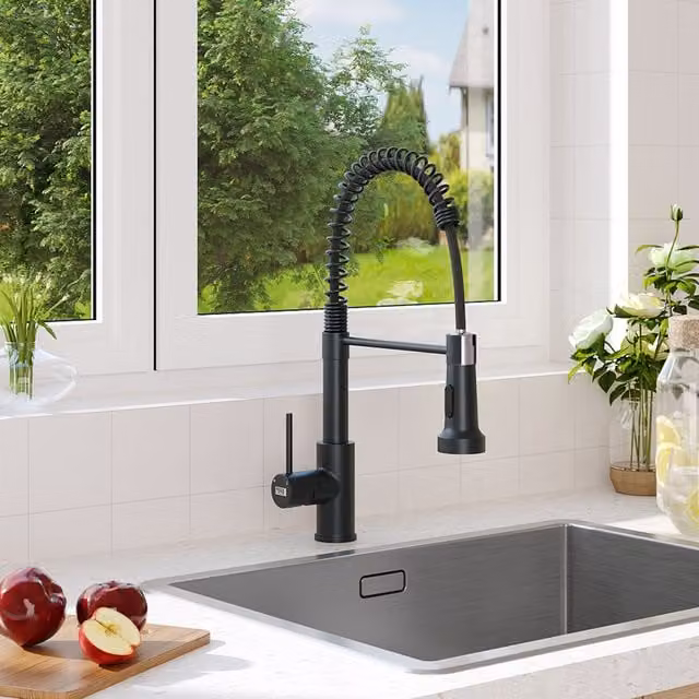 Livingandhome Matt Black Stainless Steel Single Lever Mixer Tap with Spray Function and Swivel Spout