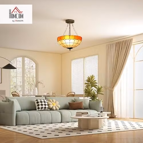 HOMCOM Vintage Tiffany Style Ceiling Light, Multicolour Glass and Copper Chandelier, Diameter: 34 cm – 2