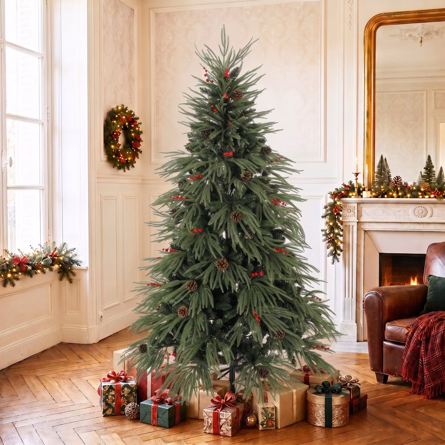 HOMCOM 6ft Green Artificial Christmas Tree with Pinecones, Red Berries and 2843 Branch Tips – 2