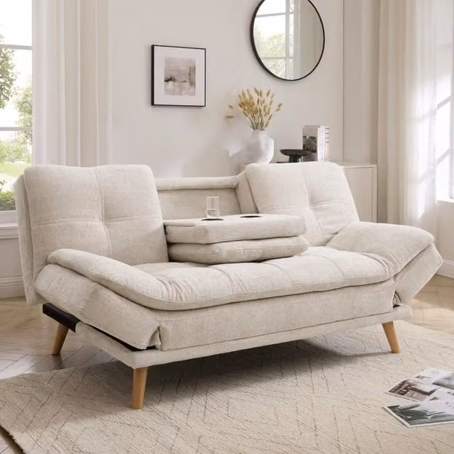 Lilly Click-Clack Sofa Bed in Beige with Adjustable Armrests and Cup Holders