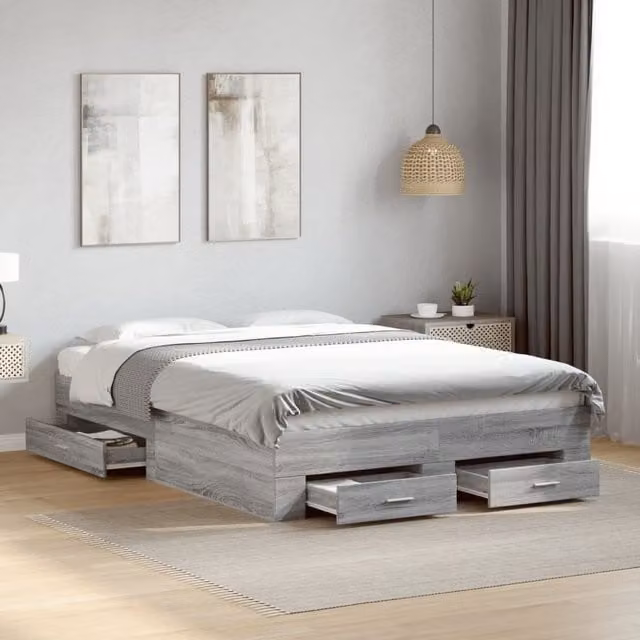 Berkfield Home Bed Frame with Drawers in Grey Sonoma, W/D/H: 140 x 190 cm