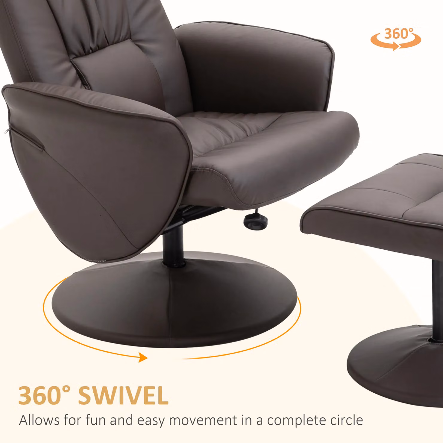 HOMCOM 2 Piece Reclining Armchair and Ottoman Set in Brown PU Leather with 360 Degree Swivel – 4