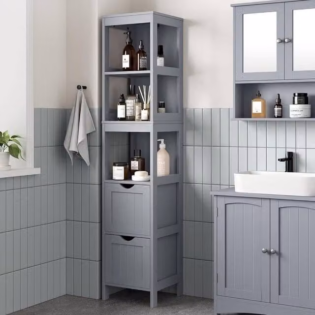 The Bazaarist Tall Bathroom Storage Cabinet with Drawer and Open Shelves, Grey, H: 141.5 cm, W: 30.0 cm