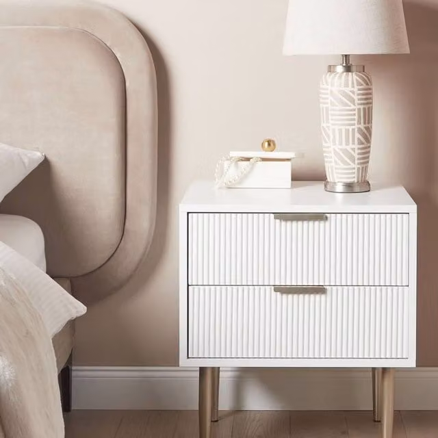 Wyld and Coco Modern White MDF Bedside Table with Two Drawers and Metal Legs