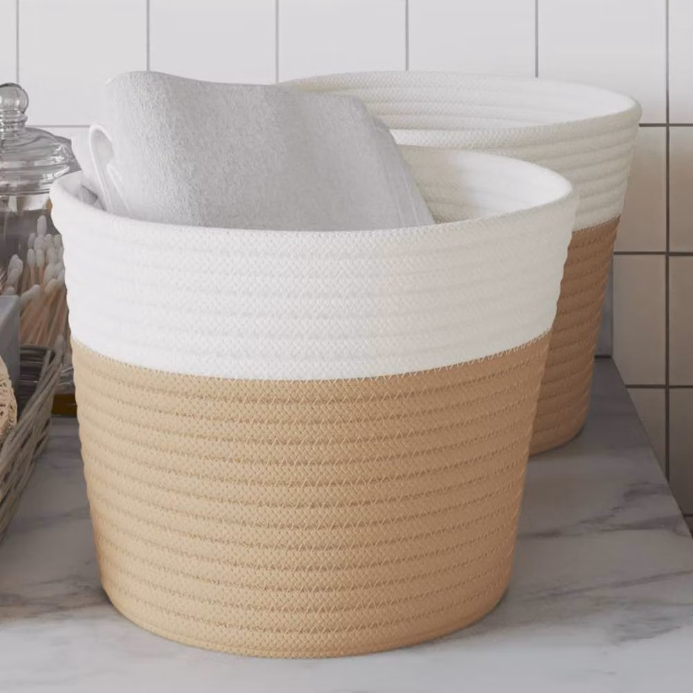 Berkfield Home Storage Baskets, 2 Pack, Beige and White Cotton Open Weave Fabric with Handles, W: 24 cm, H: 18 cm – 2