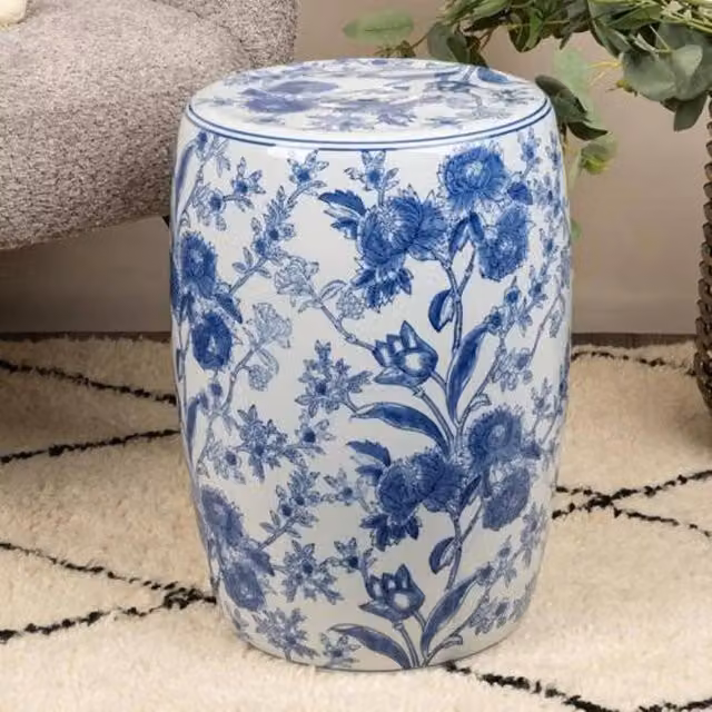 Madison & Mayfair Blue & White Floral Lacquered Ceramic Stool, W/D/H: 27.0 x 27.0 x 41.0 cm