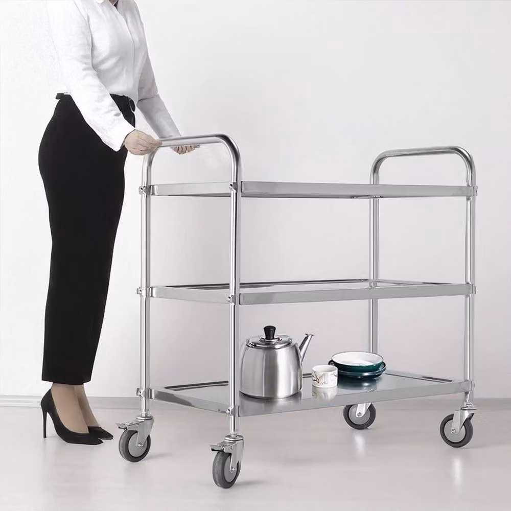 EONLION 3 Tier Stainless Steel Rolling Kitchen Trolley in Silver, H 100 cm x W 100 cm x D 90 cm – 4