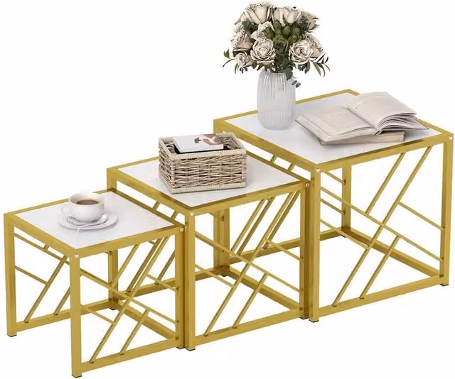 Havendro Set of 3 Nesting Coffee Tables with Gold Metal Frame and White Square Tops – 1