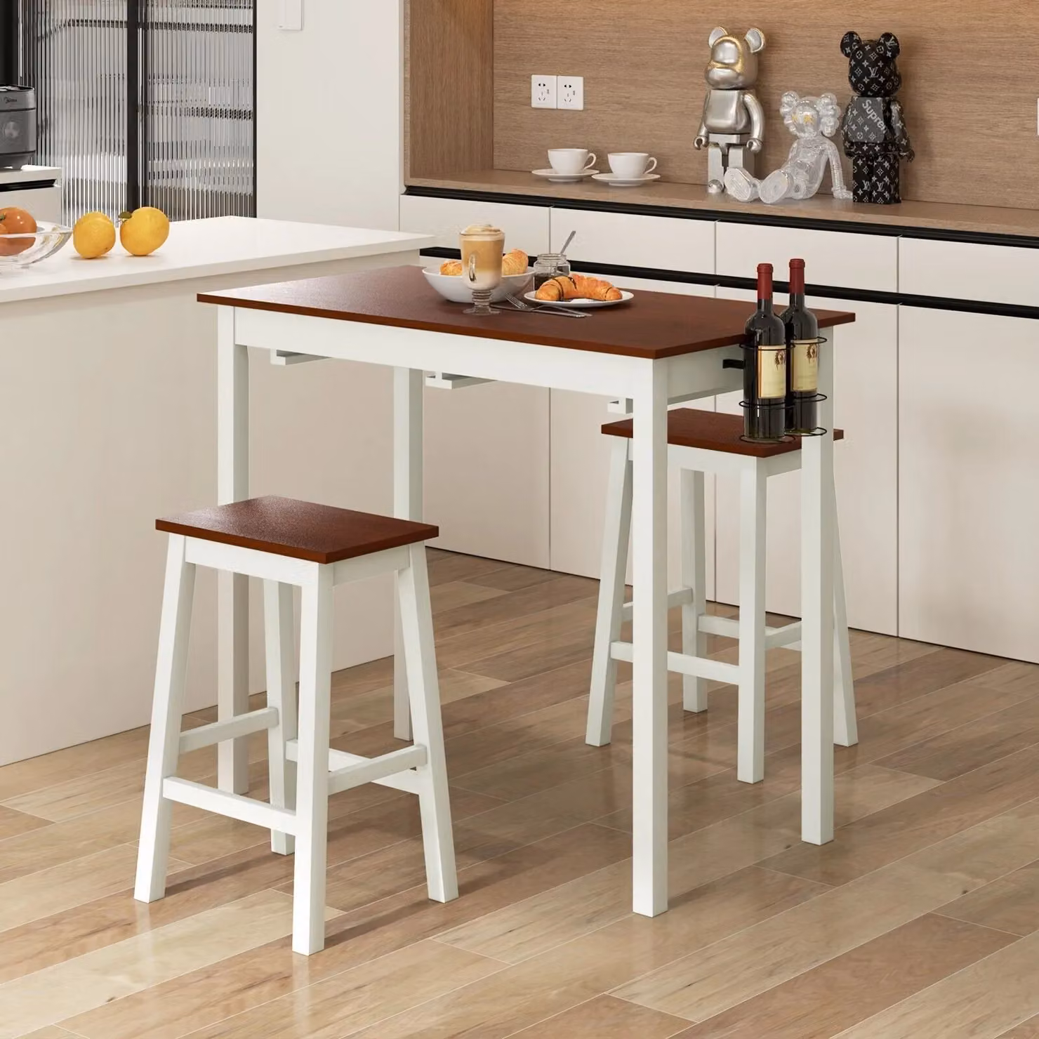 Costway 3-Piece Bar Table and Stool Set in White and Brown – 2