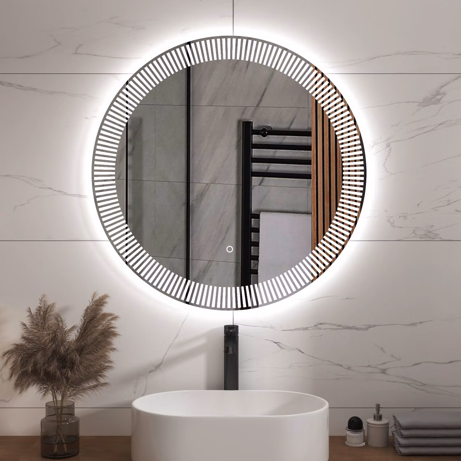 Royal Bathrooms Tokyo Chrome Round Frameless LED Illuminated Mirror with Demister Pad and Touch Sensor in Silver and White