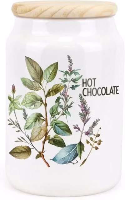 Purely Home Watercolour Herbs Ceramic Hot Chocolate Storage Canister in Green and White