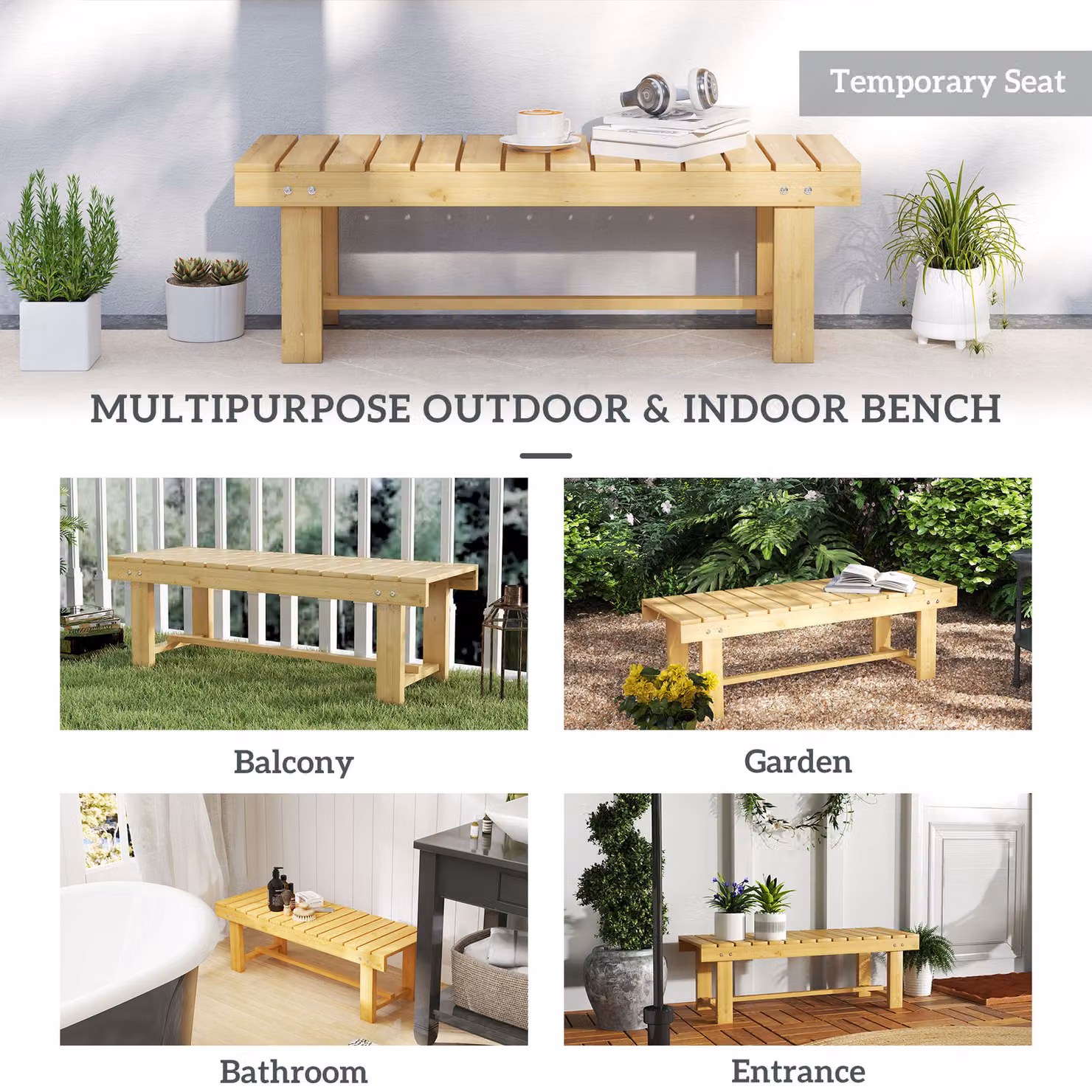 Outsunny 2-Seater Wooden Garden Bench in Natural Brown, W/D/H: 110 x 38 x 35 cm – 6