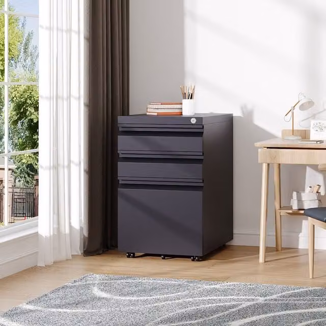 Lifeideas Classic 3-Drawer Metal File Cabinet with Wheels in Matt Black