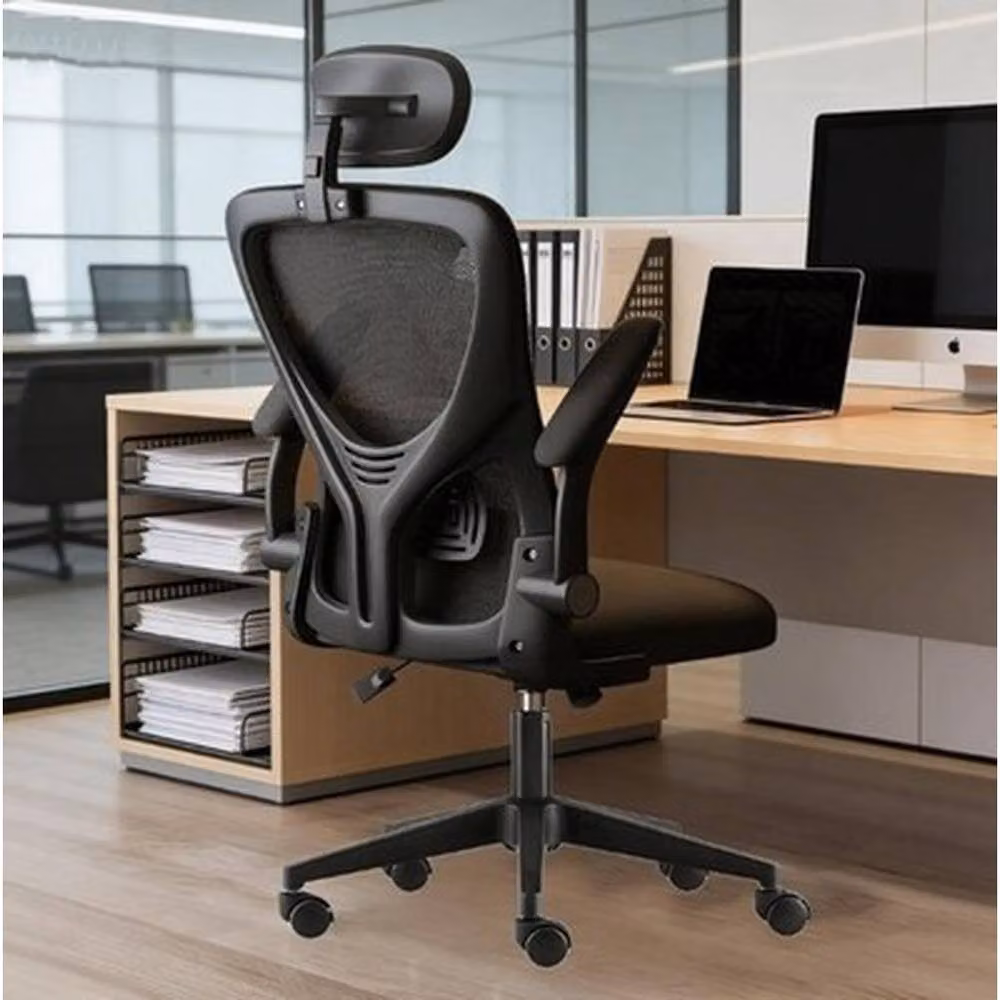 NESTLUNE Black Fabric Executive Swivel Office and Gaming Chair with Headrest and Armrests – 3