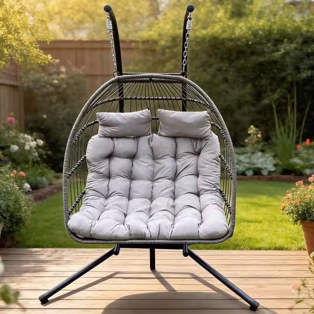 Fimous Double Egg Hanging Chair with Thick Cushions in Dark Grey and Black for Indoor and Outdoor Use
