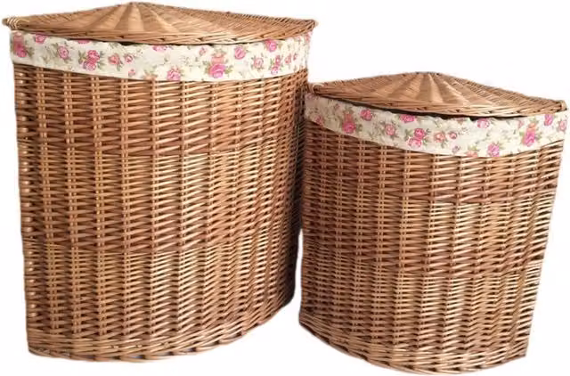 Red Hamper Set of 2 Wicker Corner Laundry Baskets with Garden Rose Lining in Brown, Red and Multicolour, Height: 60 cm – 1