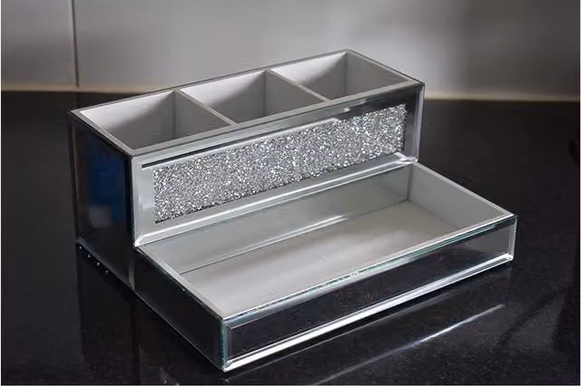 DEENZ Silver Glass and Acrylic Rectangular Tabletop Makeup Brush Holder