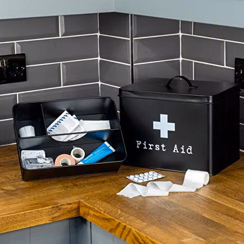 Harbour Housewares Vintage Metal First Aid Box in Black with Lid and Handles – 5