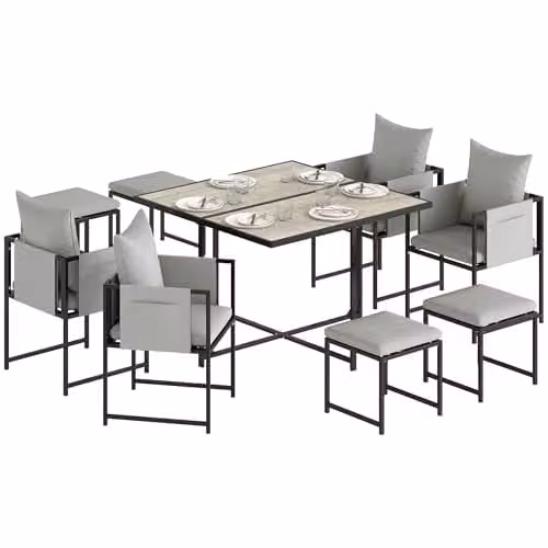 Outsunny 9 Piece 8 Seater Cube Garden Dining Set with Cushions in Dark Grey