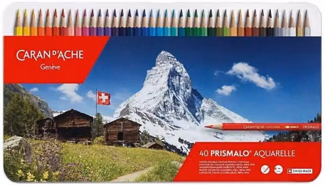 Caran d'Ache Prismalo Aquarelle 40 Water-Soluble Colour Pencils in a Metal Tin, Assorted Colours