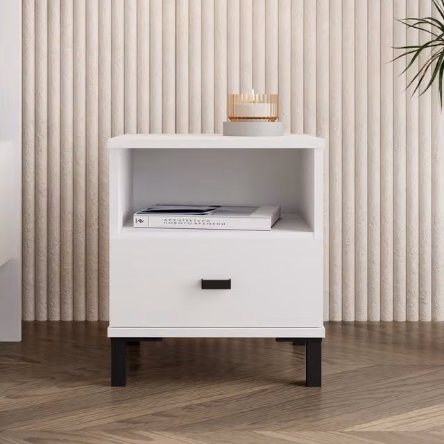 Dorel Home Modern White and Brown Bedside Table with Side Compartments