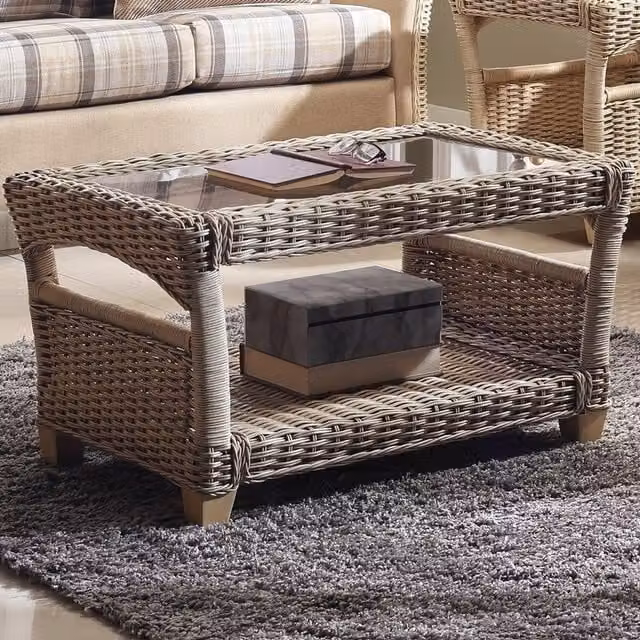 Desser Adlington Cane Coffee Table in Natural Wash and Ivory with Glass Top