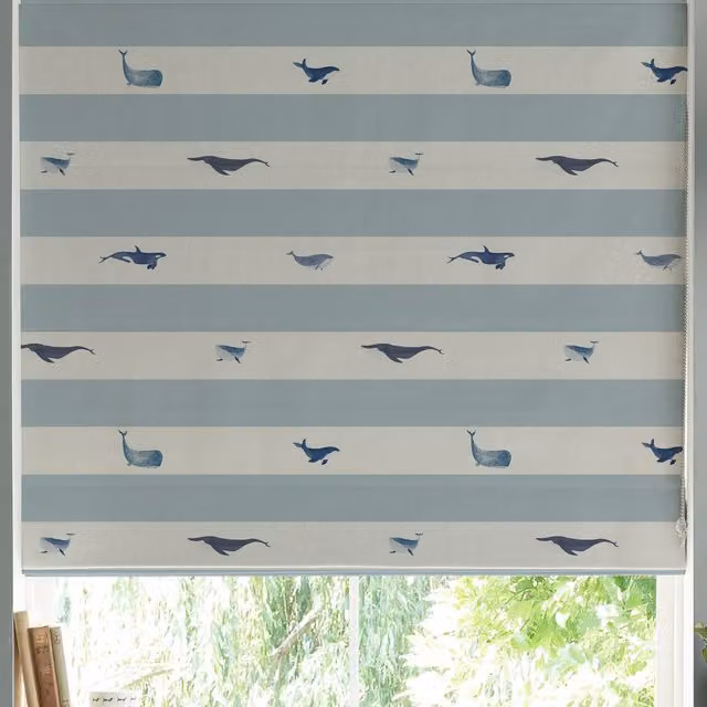 Sophie Allport Whale Stripe Made to Measure Blackout Roman Blind in Deep Duck Egg Blue