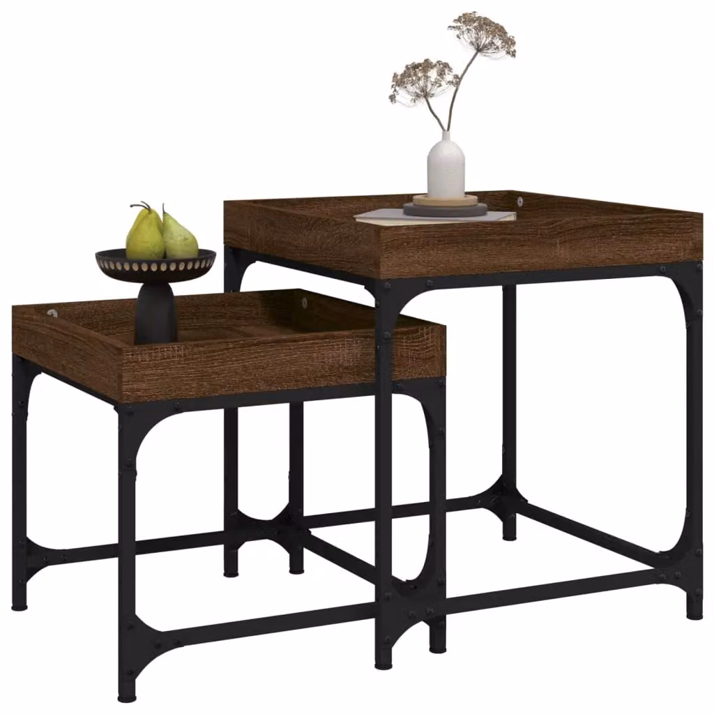 Berkfield Home Set of 2 Brown Oak Nested Side Tables with Height Adjustable Square Tops – 3