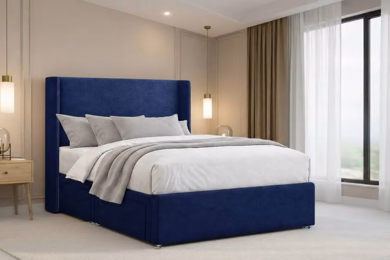Nexus Mattresses Ltd Portofino Plush Divan Bed Base with 54 inch Winged Headboard in Navy Blue Velvet, W/D/H: 90 x 200 cm