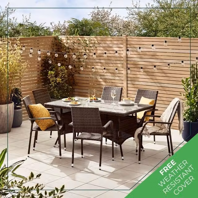 Furniturebox Antigua 6 Seat Brown Rattan Garden Dining Set with Glass Top