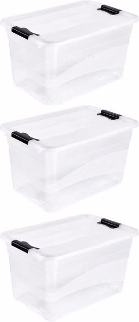Keeeper Set of 3 Transparent Crystal-Box Storage Boxes with Lids, 52 Litre Each