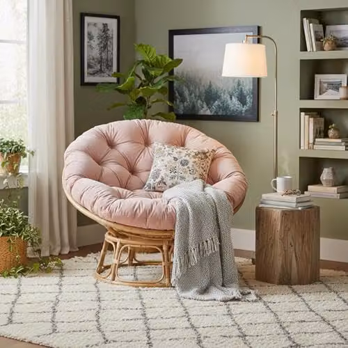 Desser Indoor Natural Rattan Papasan Chair with Neutral Powder Pink Cushion, H97cm x W104cm x D95cm – 2