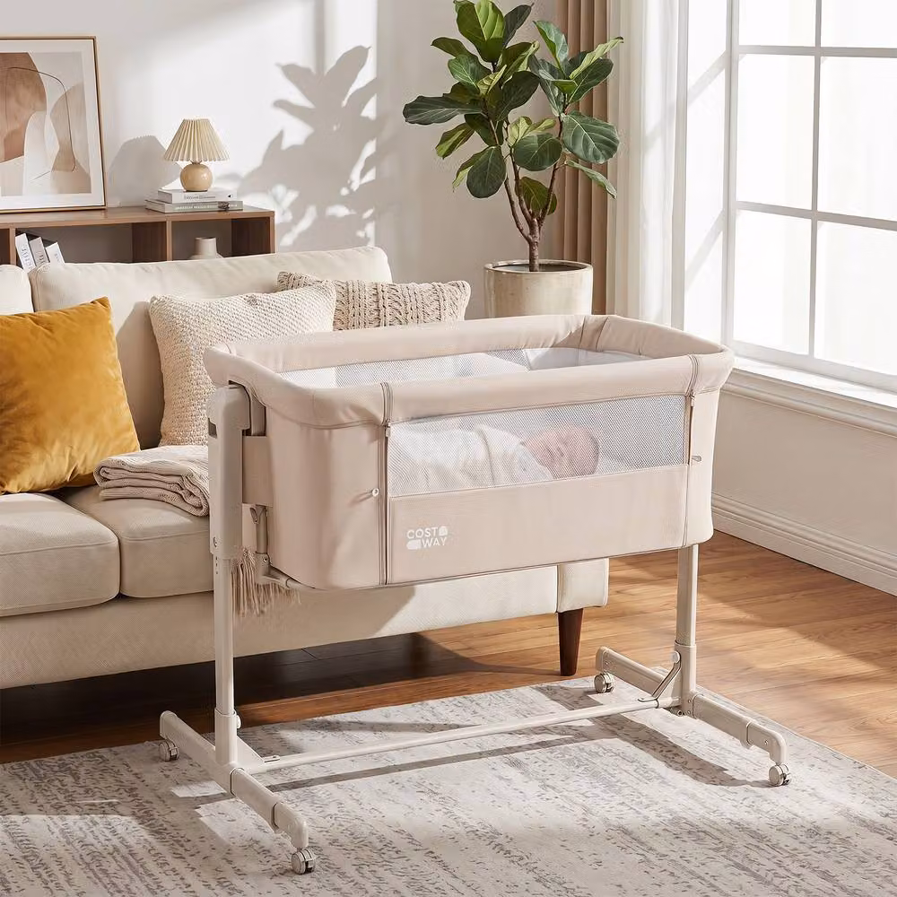 Costway 3-in-1 Height-Adjustable Baby Bedside Crib with Drop Side in Beige – 3