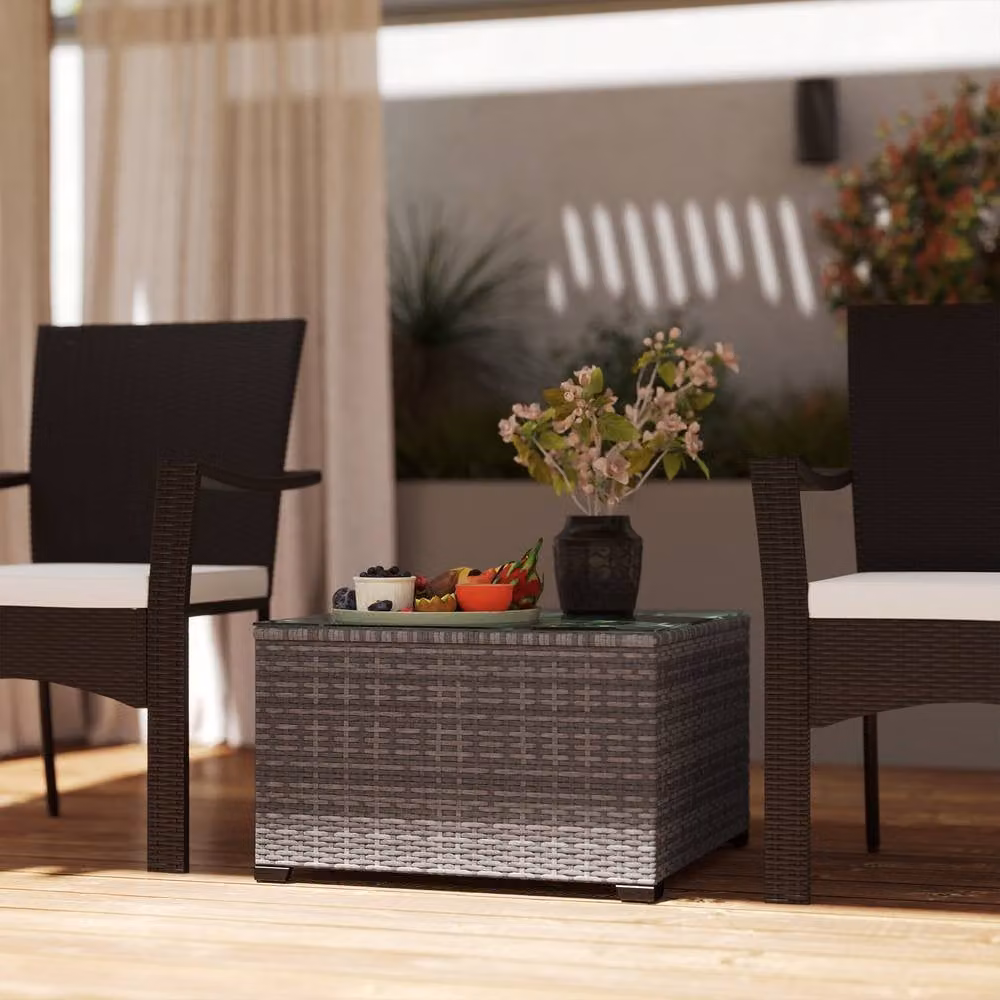 ERGOVEXA Modern Square Polyrattan Side Table with Glass Top, Grey, W/D/H: 62 x 62 x 38 cm – 4