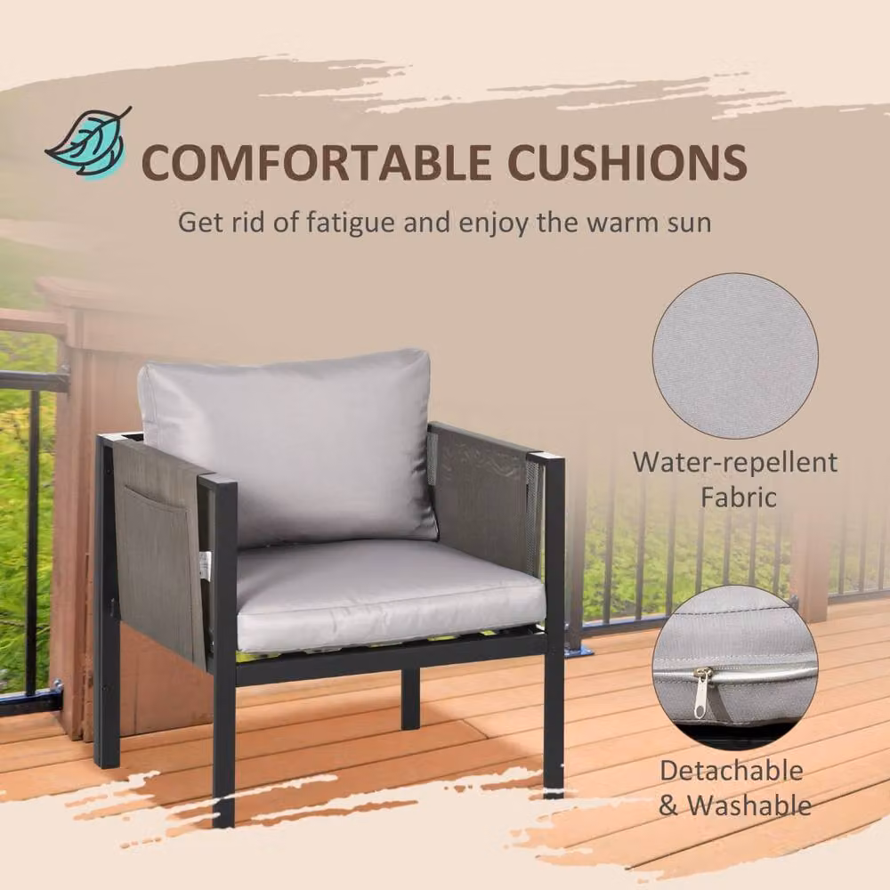 Wyld Haus Vafa 4 Seater Garden Sofa Set with Black Metal Frame and Grey Cushions – 4