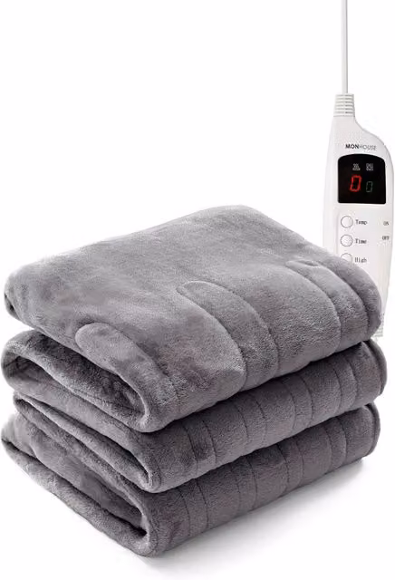 MONHOUSE Heated Electric Fleece Throw Blanket in Grey, Double Size, with 9 Heat Settings and 9H Timer – 1