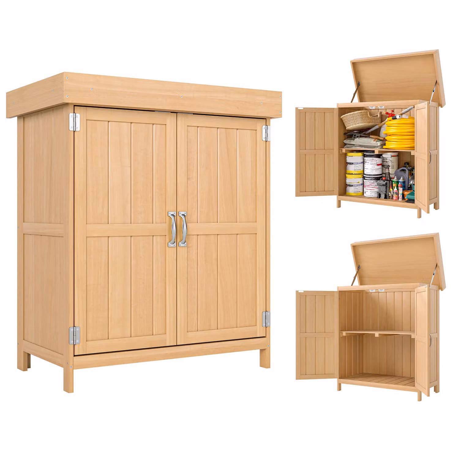 OUTSUNNY Wooden Double Door Garden Tool Storage Shed with Shelving in Brown and Sand – 2