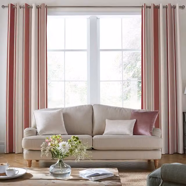 Laura Ashley Made To Measure Blackout Eyelet Curtains in Crimson Red Awning Stripe Cotton