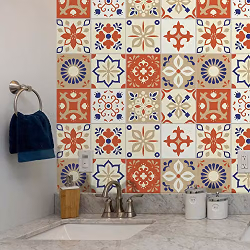 WALPLUS Bahia Moroccan Tile Stickers, Orange and Beige Geometric Peel and Stick Wall Decals, 24 Pieces, 15 x 15 cm – 2