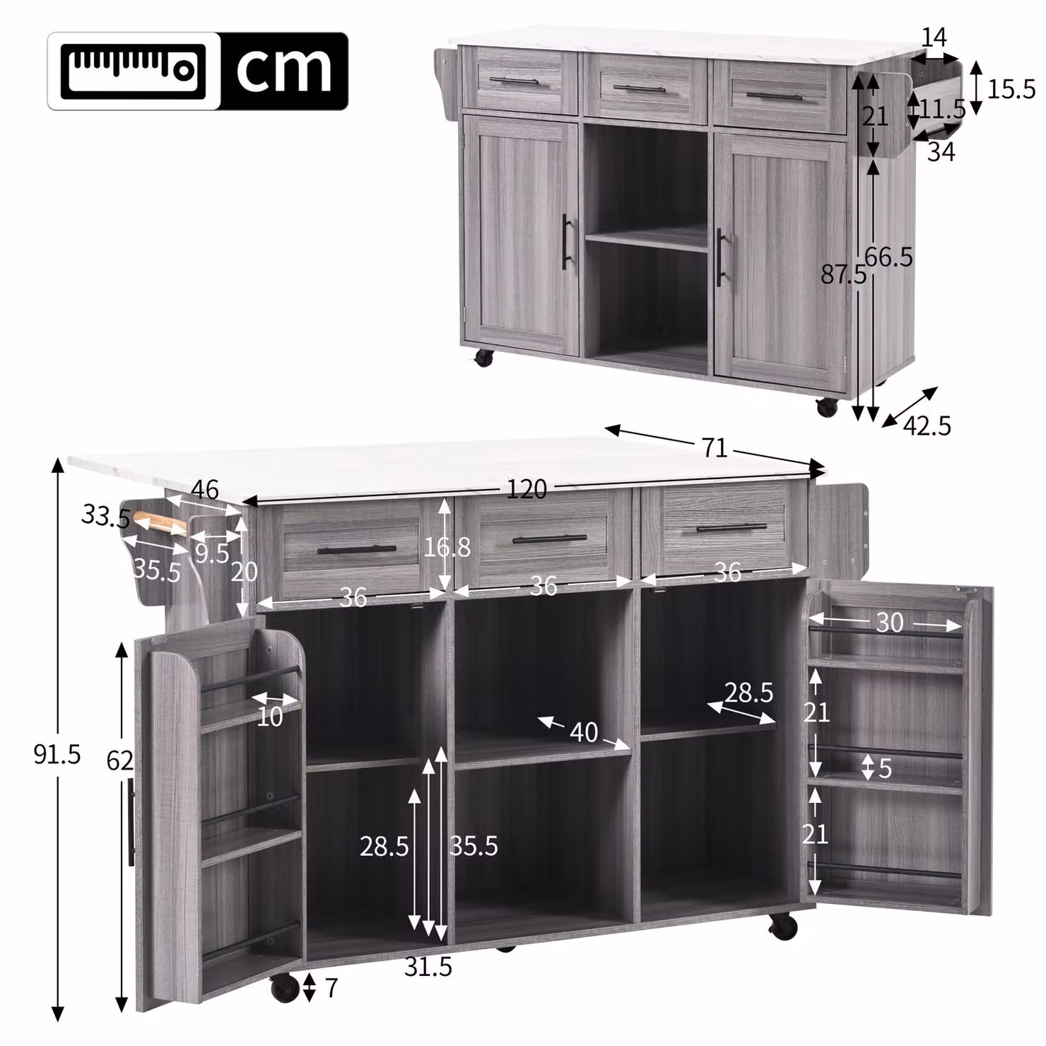 Aosom UK Grey Kitchen Trolley with Foldable Wood-Grain Countertop and Interchangeable Wheels, W: 46 cm, D: 46 cm, H: 91.5 cm – 3