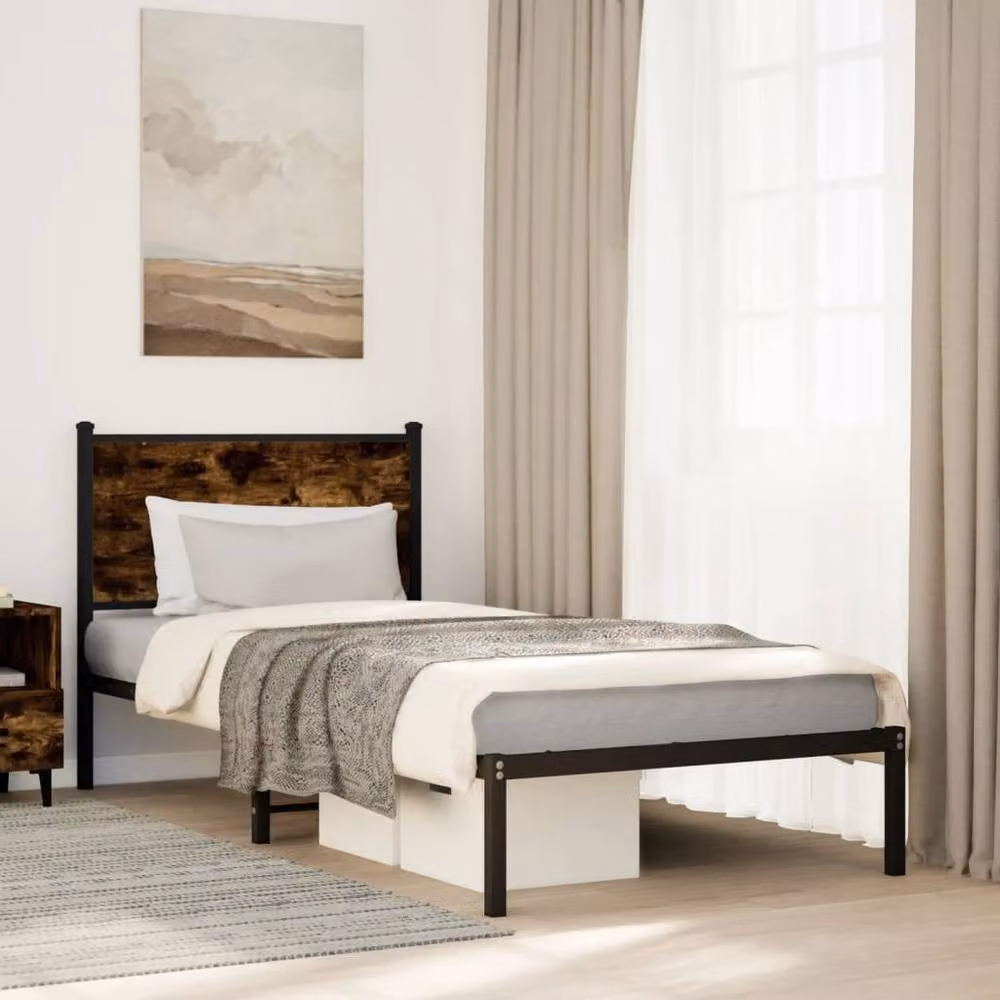 Berkfield Home Industrial Metal and Wood Bed Frame in Smoked Oak Brown, W/D/H: 80 x 200 cm – 2