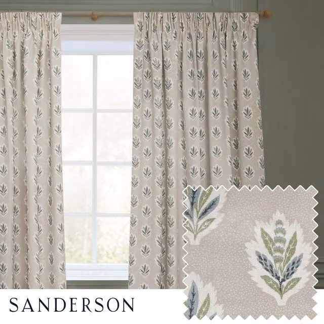 Sanderson Sessile Leaf Printed Ready Made Pencil Pleat Curtains in Beige
