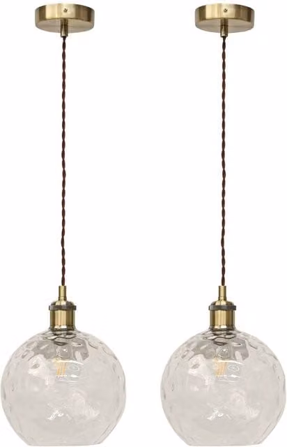 First Choice Lighting Barnum Set of 2 Retro Pendant Lights with Transparent Dimple Glass Globes and Antique Brass Finish