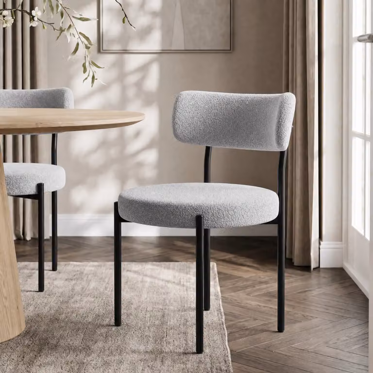 DHS Set of 4 Modern Bouclé Dining Chairs with Curved Back in Grey and Beige