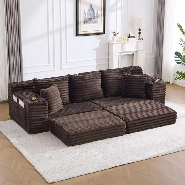 Rolipo Brown Corduroy Convertible Sleeper Sofa with Cup Holders and Storage Pockets, W/D/H: 140 x 190 cm – 1