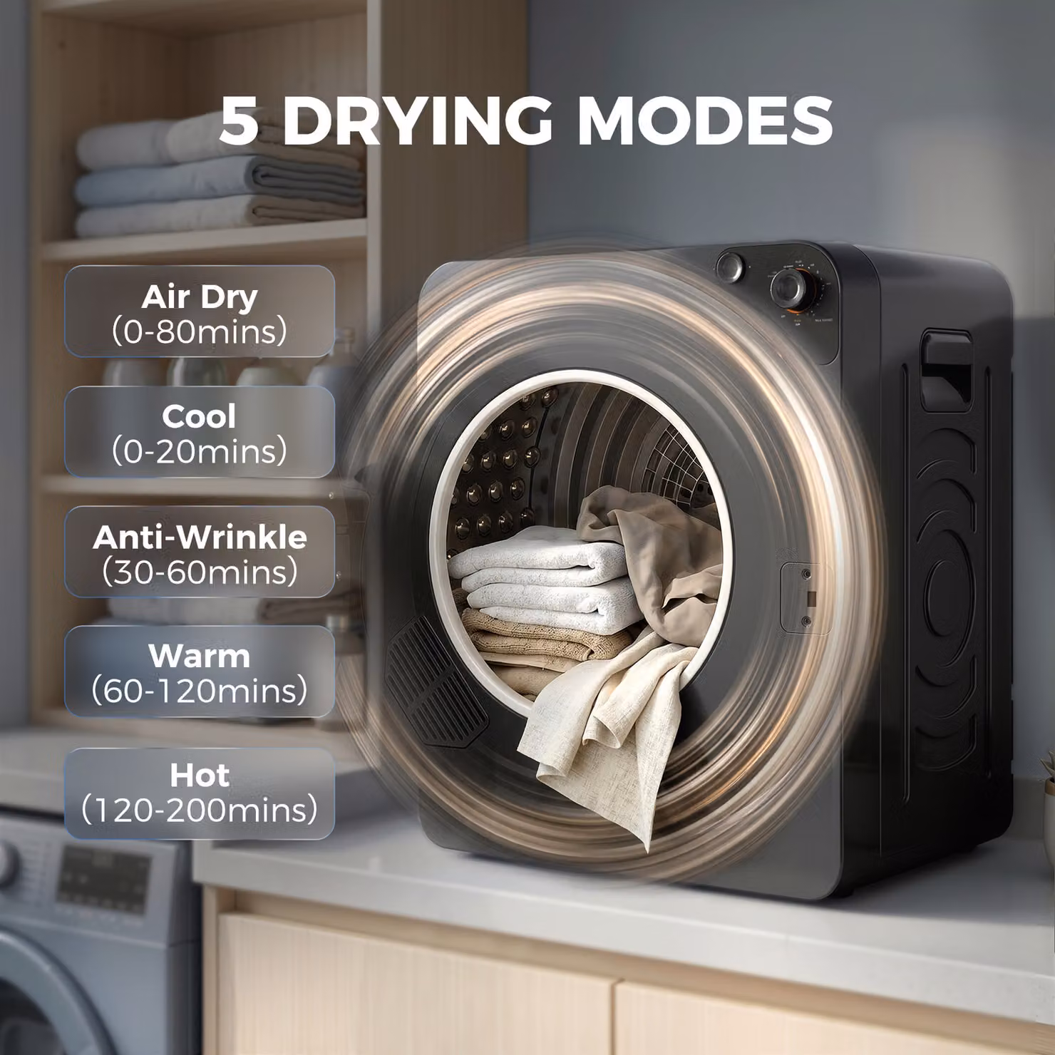 HOMCOM 5kg Vented Tumble Dryer, 1000W Compact Front Loader with 5 Drying Modes and Stainless Steel Tub, Black – 4