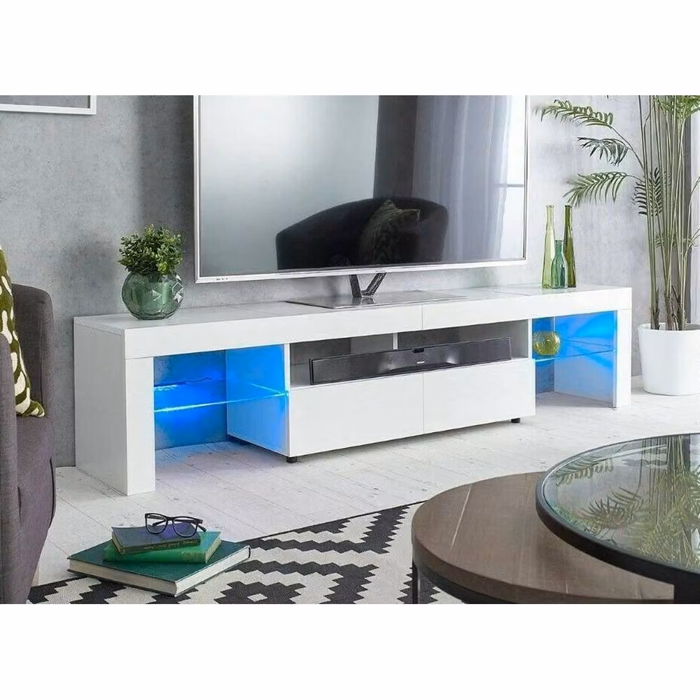 FORGEVIO Modern White Glossy TV Stand with Integrated LED Lights, W: 200 cm, H: 45 cm – 2