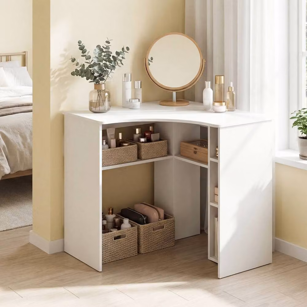 Gymax White Triangle Corner Computer Desk with Storage Shelves – 2