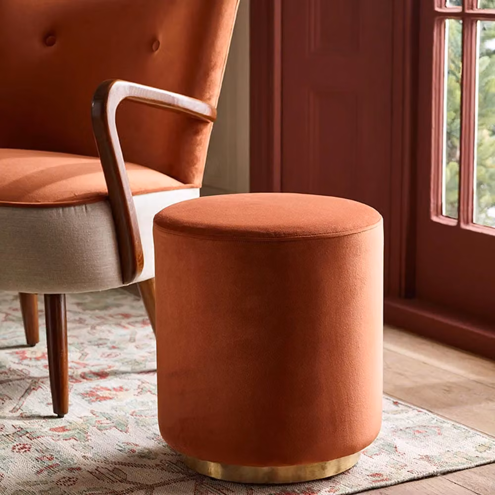 Atkin and Thyme Carnaby Mid-Century Cylindrical Velvet Footstool in Orange