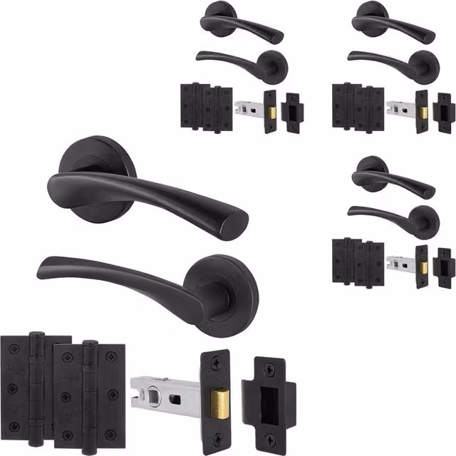 AFIT Matt Black Internal Door Handles with Latch, Rose Style, 4 Pairs, W/D/H: 15 x 15 cm – 1